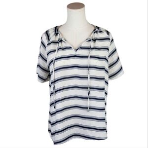 Charming Charlie Striped V-Neck Tie Blouse Top Navy White Short Sleeve M